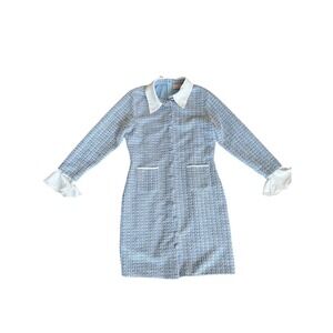 Ivy City Co Blue Tweed Mini Dress White Collar Long Sleeve Womens L